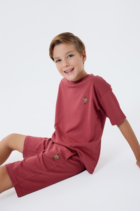 U.S. Polo Assn., Trening scurt din bumbac cu broderie logo discreta, Rosu capsuna