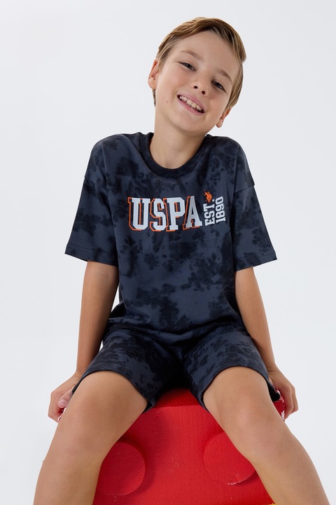 U.S. Polo Assn., Trening scurt cu model logo si tie-dye, Albastru inchis/Albastru ultramarin