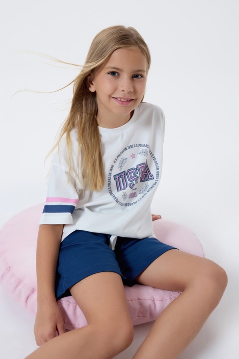 U.S. Polo Assn., Trening cu maneci scurte si logo, Alb/Bleumarin