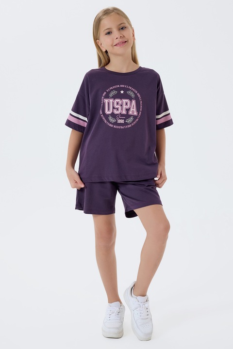 U.S. Polo Assn., Trening din bumbac cu logo, Alb/Lila/Violet pruna