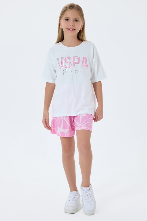 U.S. Polo Assn., Trening lejer din bumbac cu logo, Alb/Roz pastel