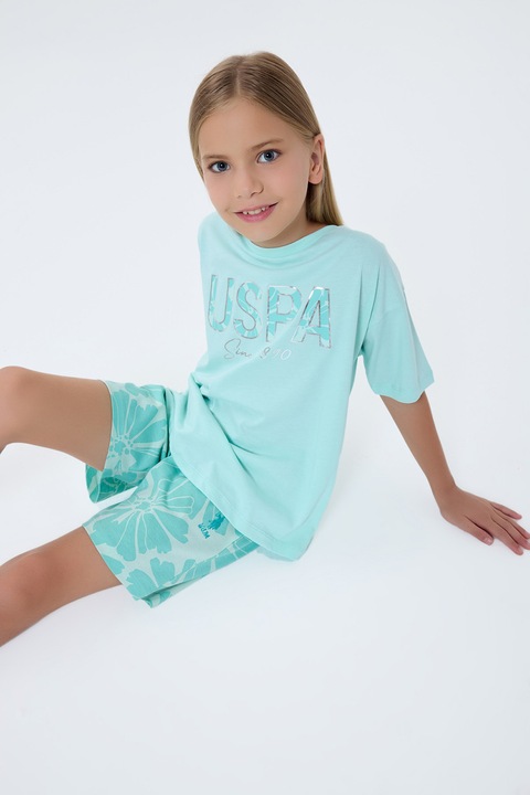 U.S. Polo Assn., Trening din bumbac cu maneci cazute, Albastru aquamarin/Turcoaz