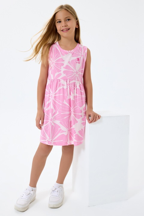 U.S. Polo Assn., Rochie evazata cu model floral si decolteu rotund, Alb/Roz pastel