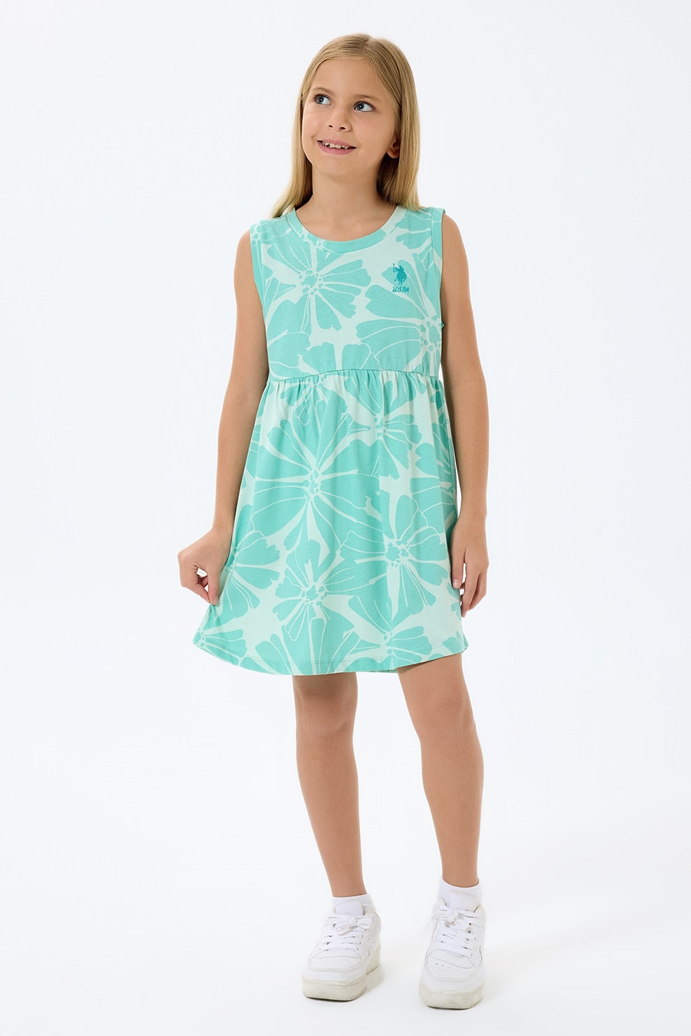 U.S. Polo Assn., Rochie evazata fara maneci cu model floral, Turcoaz, Alb murdar, 104-110 CM
