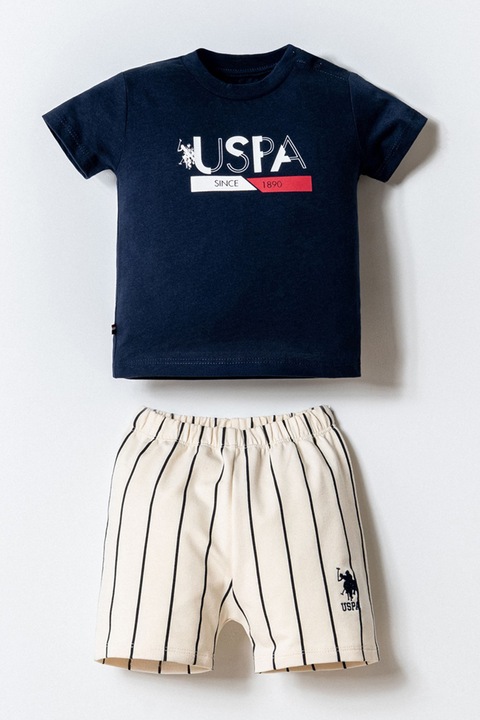U.S. Polo Assn., Set de tricou cu imprimeu si pantaloni scurti - 2 piese, Alb/Alb fildes/Albastru ultramarin