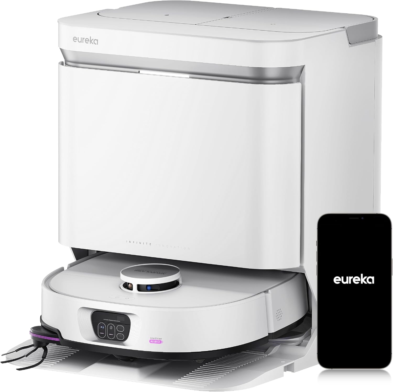 Aspirator robot mop EUREKA J15 Max Ultra White, 22000Pa, statie automata autocuratare, spalare mop 80°C, uscare aer cald 55°C, IntelliView AI 2.0, extensie perie laterala si mop, Anti-Infasurare, LiDAR, Control aplicatie