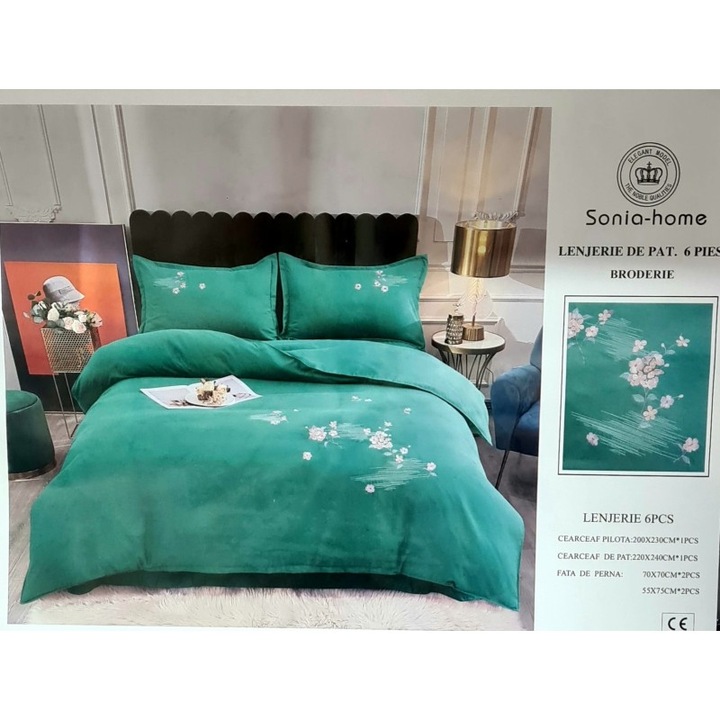 Супер елегантна спално бельо, 6 части, зелено с флорална бродерия