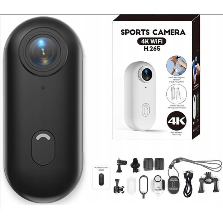 Camera sport Ragged 4K Thumb, submersibila 30m, Night Vision, Slow Motion, neagra, set complet