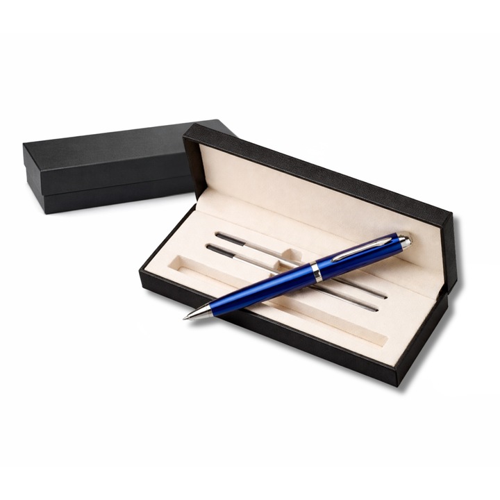 Stilou metalic tip fountain pen, cu 2 rezerve 0.5 mm, cerneala neagra, in cutie cadou - Albastru