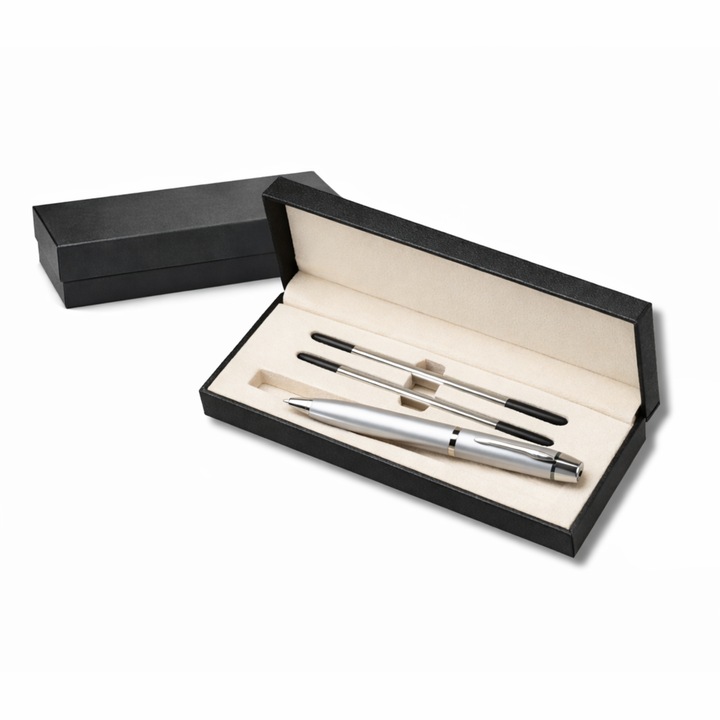 Stilou metalic tip fountain pen, cu 2 rezerve 0.5 mm, cerneala neagra, in cutie cadou - Argintiu