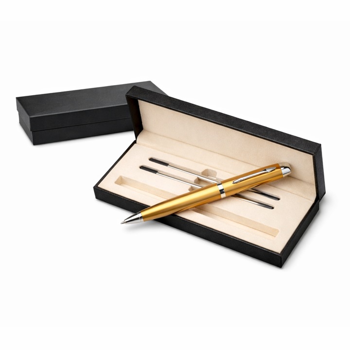 Stilou metalic tip fountain pen, cu 2 rezerve 0.5 mm, cerneala neagra, in cutie cadou - Auriu