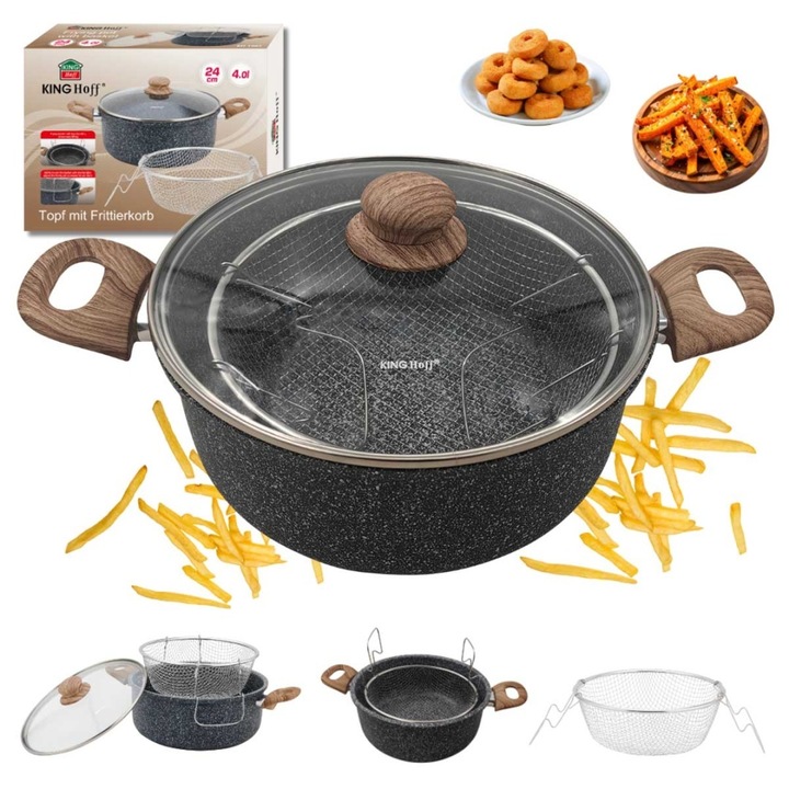 Gránit bevonatú edény sós kosárral KingHoff 24cm, 4L, Tapadásmentes, Fekete