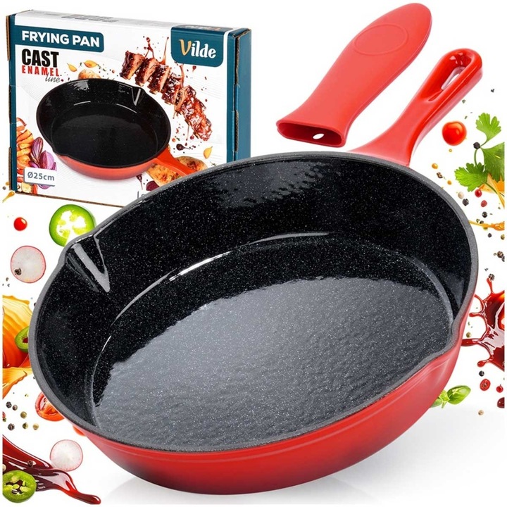 Емайлиран чугунен тиган 25см със силиконов капак, червен, комплект
