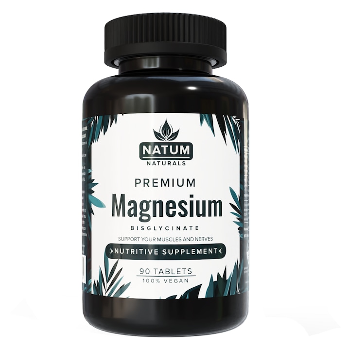 Supliment Alimentar Premium Magneziu Bisglycinat, NATUM NATURALS®, Magneziu 90 mg, Taurina 180 mg, Extract de Piper Negru 1 mg, Natural, Vitamine, Minerale, Nutritie, Absorbtie Ridicata, Fara Alergeni, Suport Muscular si Nervos, 90 Tablete