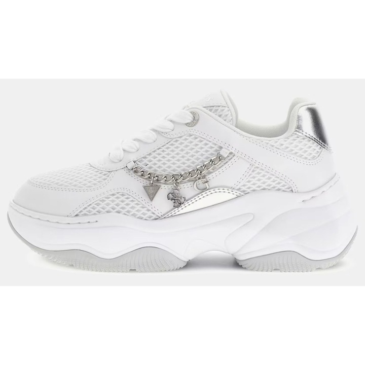 Adidasi de dama Guess FLPHARELE12-WHITE Harpaa, Albi, Platforma 4.5 cm, Cu sireturi, Logo Charms Chain - Marimea 36