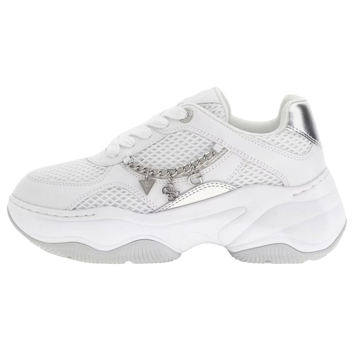 Sneakers Dama Guess FLPHARELE12-WHITE Harpaa Albi, Platforma 4.5 cm, Cu Sireturi, Lant Decorativ Logo, Marimea 41