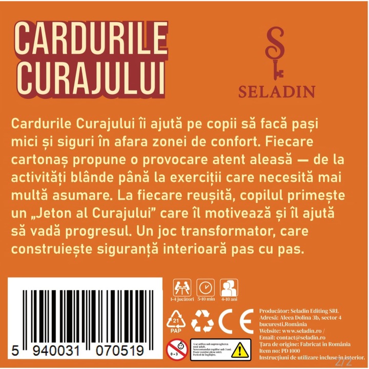 Joc educativ, Seladin, Cardurile Curajului, pachet 30 carduri, Curajometru, 4-10 ani