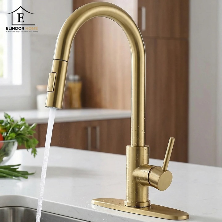Elindor® Златна Батерия за Мивка, Модерен Смесител за Вода с Гъвкав Чучур, Регулируема Струя, Изтегляща се Душ Глава с Две Функции, Едноръкохватков, Въртящ се на 360°, за Кухня, Неръждаема Стомана