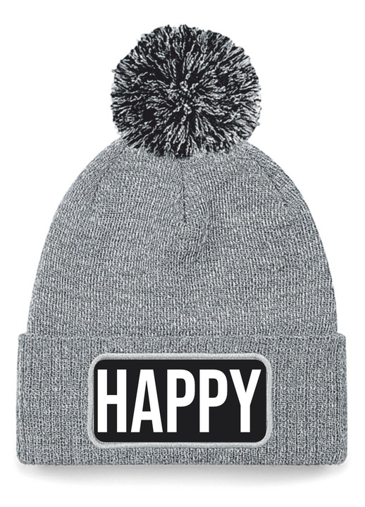 Caciula unisex HAPPY, gri, cu ciucure, imprimeu alb