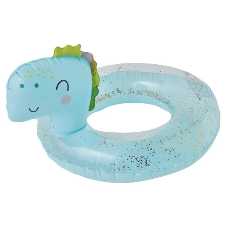 Colac gonflabil copii Krista Dinozaur bleu, PVC, 54x35cm, cu sclipici