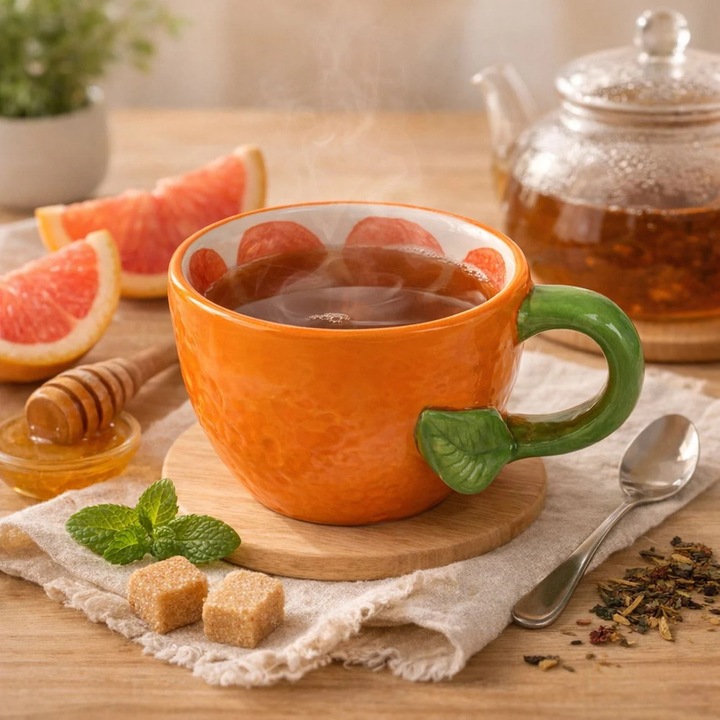 Cana Dolomita Portocala Shopiens Cana Ceramica Fruct Design Frunza Decor Bucatarie Cafea Ceai