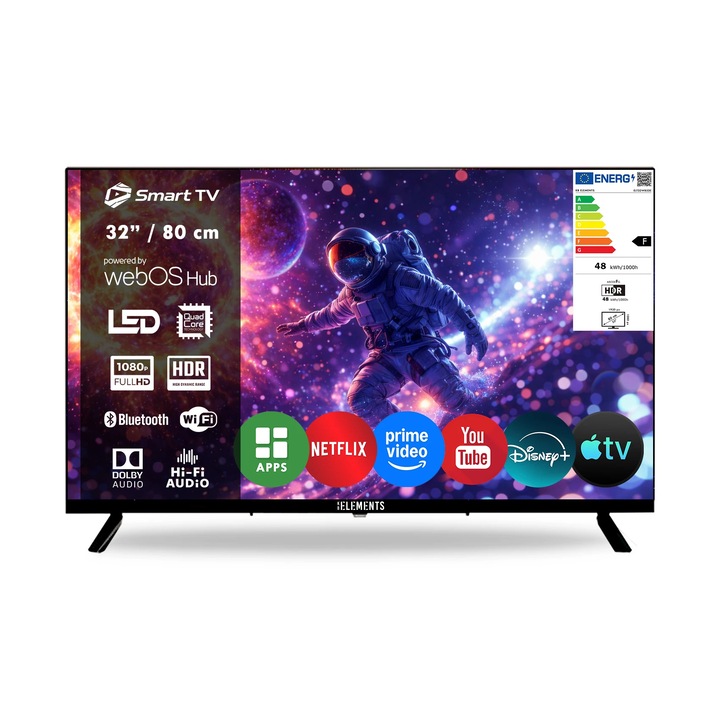 Televizor LED FullHD KB Elements Diagonala 32"/80cm, Smart TV cu WebOS, Telecomanda Advanced Magic Control si Comanda Vocala, Dolby Audio, 3x HDMI, 2x USB, Contrast 4000:1, Receiver: DVB-T, T2, S2, Optical, Antena Component-IN, RCA, Jack, Bluetooth