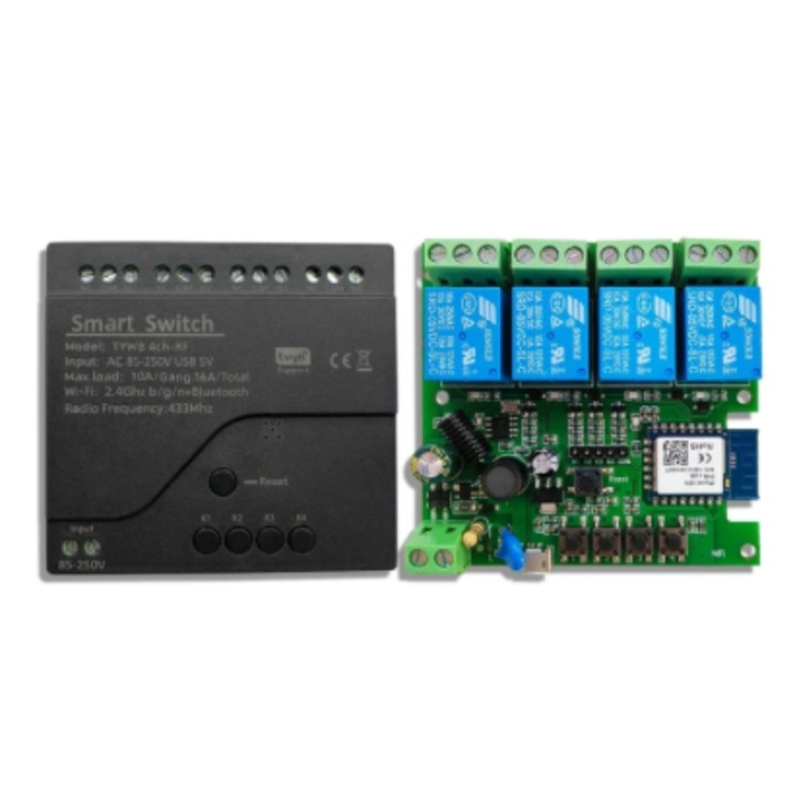 Releu wireless inteligent Secutek, 4 canale, AC 85-250V, control WiFi, dimensiune 80x75x25mm