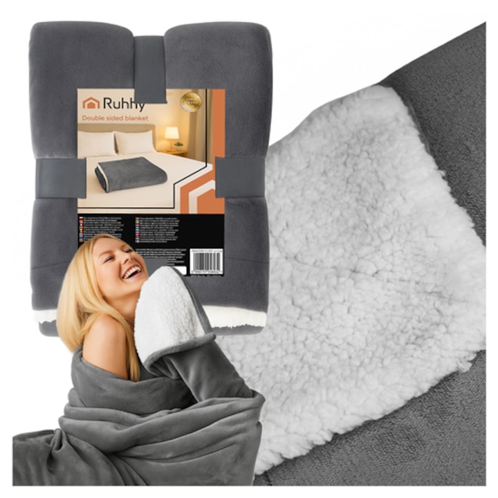 Patura Cocolino Dubla, Aurea, Patura Pufoasa Cu Doua Fete Si Textura Sherpa Berbecut, Ideala Pentru Canapea Sau Pat, Material Moale Calduros Si Confortabil, Design Elegant Cadou, Lavabila La 30 Grade, Rezistenta La Scame, 150x200 cm, Gri Inchis