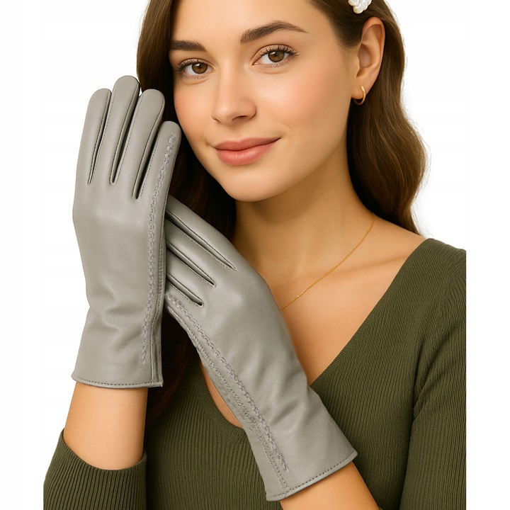 Női téli kesztyű természetes bőrből S szürke