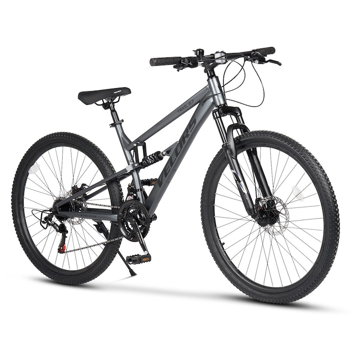 Bicicleta MTB cu Roti de 26", Echipare Shimano/Carpat, Manete Secventiale, Frane DISC, 21 Viteze, gri/negru, Mountain Bike Velors Trail 2.6 Genius cu Dubla Suspensie si Cabluri Integrate