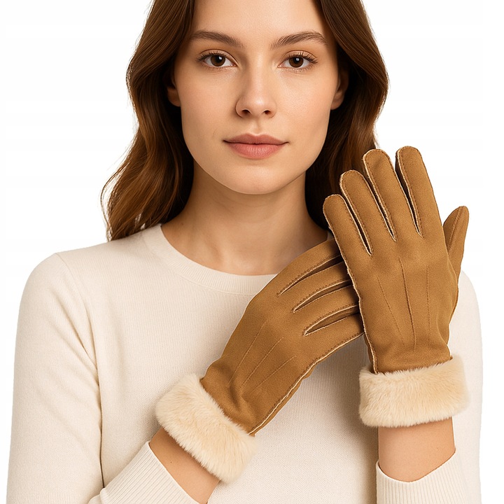 Női elegáns téli meleg varrott kesztyű teve színben