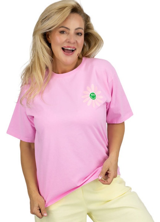 Tricou dama roz oversize roz 100% bumbac maneca scurta imprimeu spate stil casual Agrafka