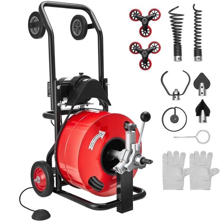 Sarpe electric pentru desfundat tevi, Profesional, 6 x capete taiere, Lungime 30 m, Diametru 19 mm, Alimentare automata, Pedala actionata cu aer