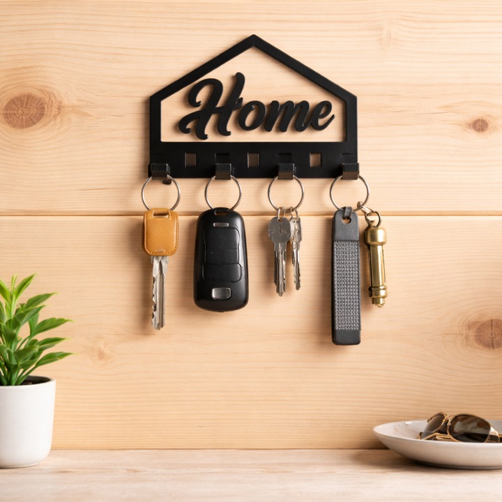 Suport chei text Home, design minimalist, printat 3D, 11 X 11 X 0.75 cm, pentru 5 chei, cadou de casa noua