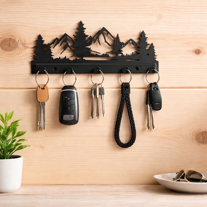 Suport chei decorativ de perete, design munte, design modern si minimalist, printat 3D, 23 X 10 X 3 cm, pentru 5 chei, cadou de casa noua