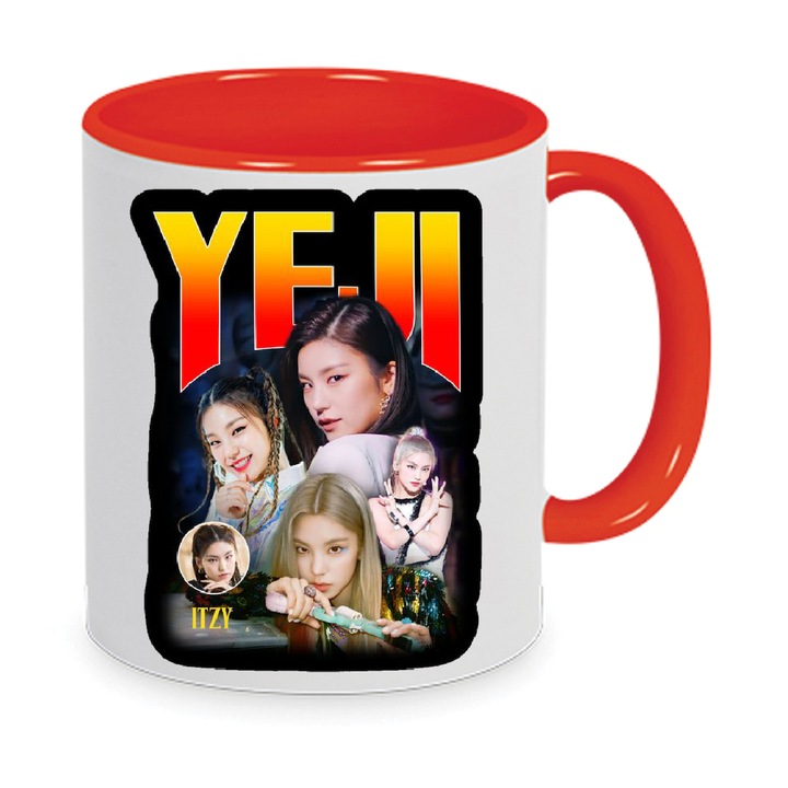 Cana ceramica ITZY Mug No.2, 330ml, exterior alb, interior si maner rosu, rezistenta la masina de spalat vase, pentru fani K-Pop