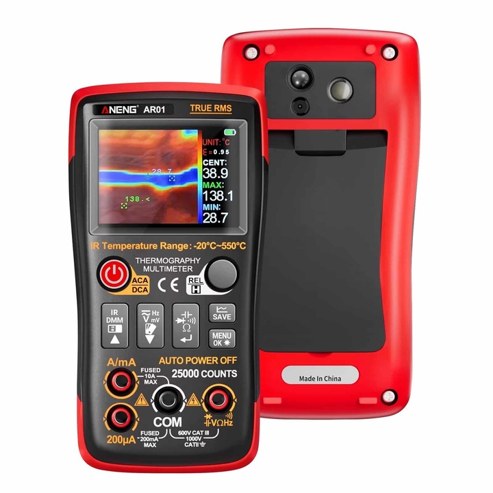 Multimetru Digital cu Camera Termica ANENG AR01, 1000V DC / 750V AC, 10A, 25000 Counts, 250MΩ, TFT Color, USB Type-C