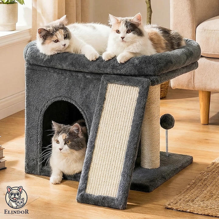 Комплект за игра Elindor® за котки, стълб за драскане от сизал, стълб за точене на нокти, солидна основа, меко легло за спане, аксесоари за домашни любимци, лесен монтаж, сив