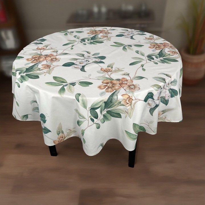Fata de masa din bumbac, Denisa-Do, frunze, 180 cm diametru, multicolor