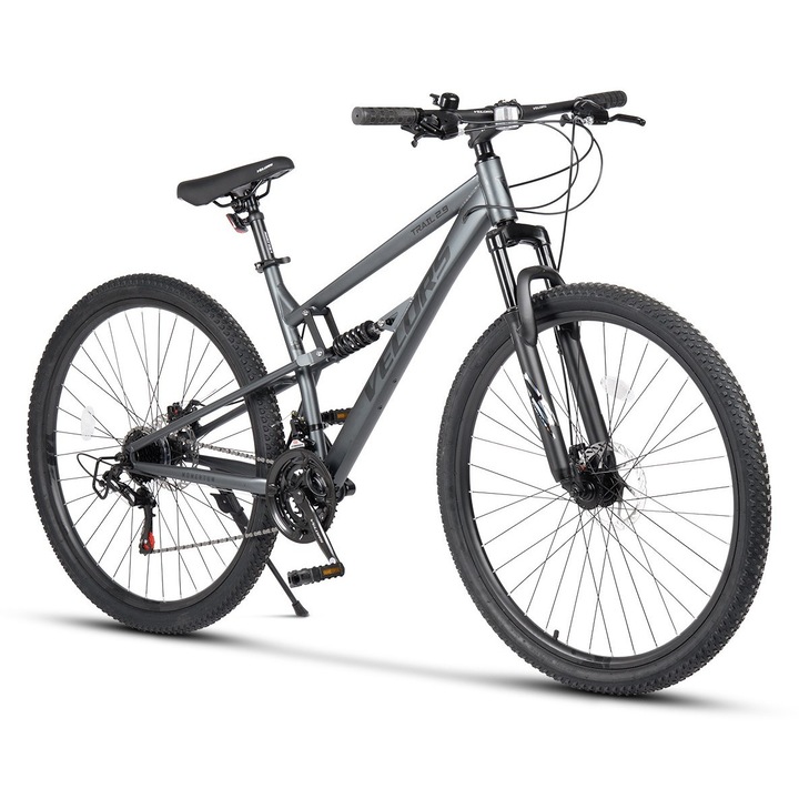 Bicicleta MTB cu Roti de 29", Echipare Shimano/Carpat, Manete Secventiale, Frane DISC, 21 Viteze, gri/negru, Mountain Bike Velors Trail 2.9 Genius cu Dubla Suspensie si Cabluri Integrate