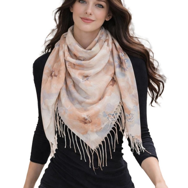 Esarfa dama multicolor bej 100x100 cm model floral 100% poliester cu franjuri eleganta casual Agrafka unisize
