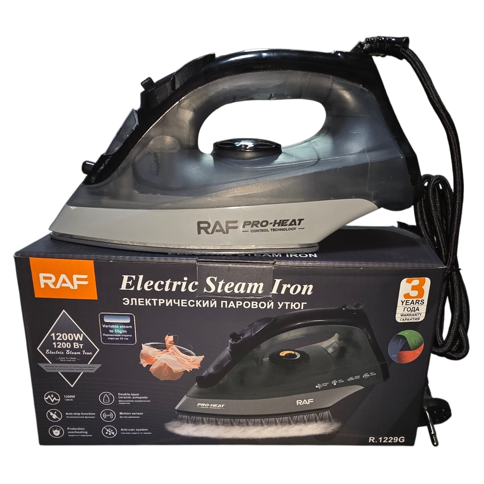 Fier de calcat cu talpa ceramica RAF Express Steam R.1229G de voiaj, 2000W, Jet de abur 120 g/min, protective la supraincalzire, abur variabil 0-35 g/min, 270 ml, dimensiune cm, negru/albastru