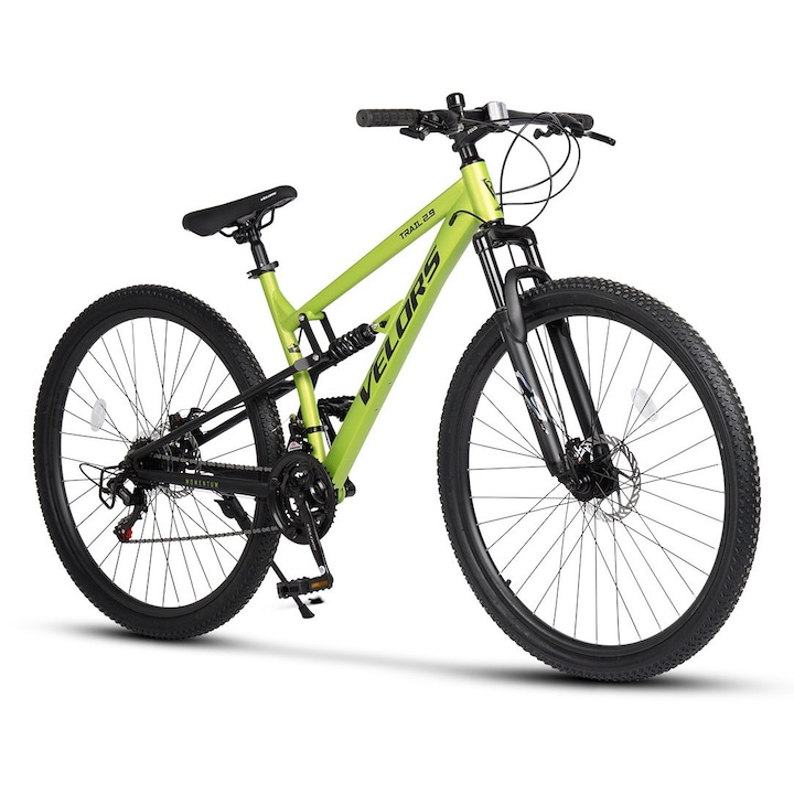 Bicicleta MTB cu Roti de 29", Echipare Shimano/Carpat, Manete Secventiale, Frane DISC, 21 Viteze, verde/negru, Mountain Bike Velors Trail 2.9 Genius cu Dubla Suspensie si Cabluri Integrate
