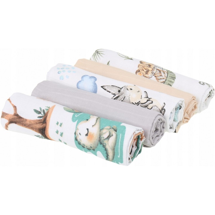 Set 5 scutece multifunctionale pentru copii BabyMam Jungle of Dreams, 60 x 80 cm, din bumbac tetra 100%