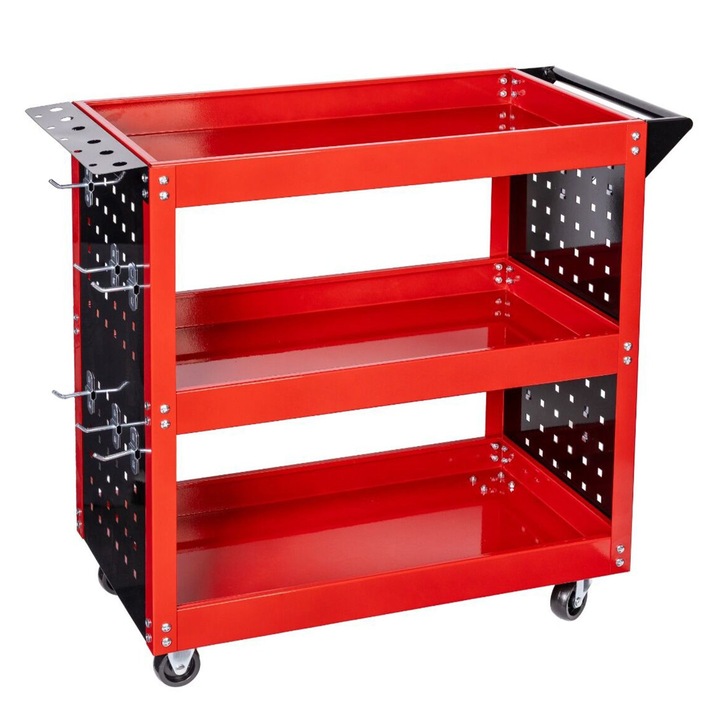 Carucior mobil cu suport surubelnite si panou carlige, INVENTO, 3 rafturi, 73 x 80 x 35 cm