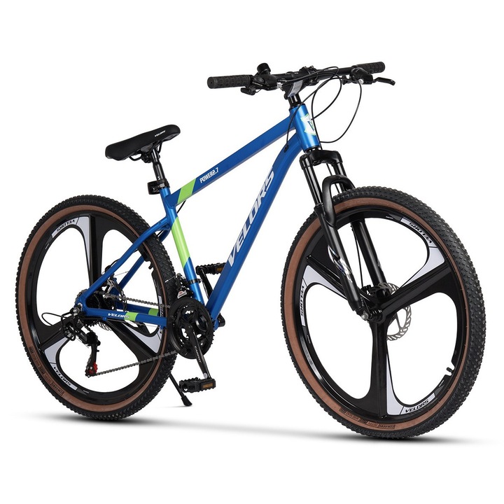 Bicicleta MTB cu Roti Magneziu de 27.5", Echipare Shimano/Carpat, Manete Secventiale, Frane DISC, 21 Viteze, albastru/alb/verde, Mountain Bike Velors Power cu Cadru Aluminiu si cabluri integrate