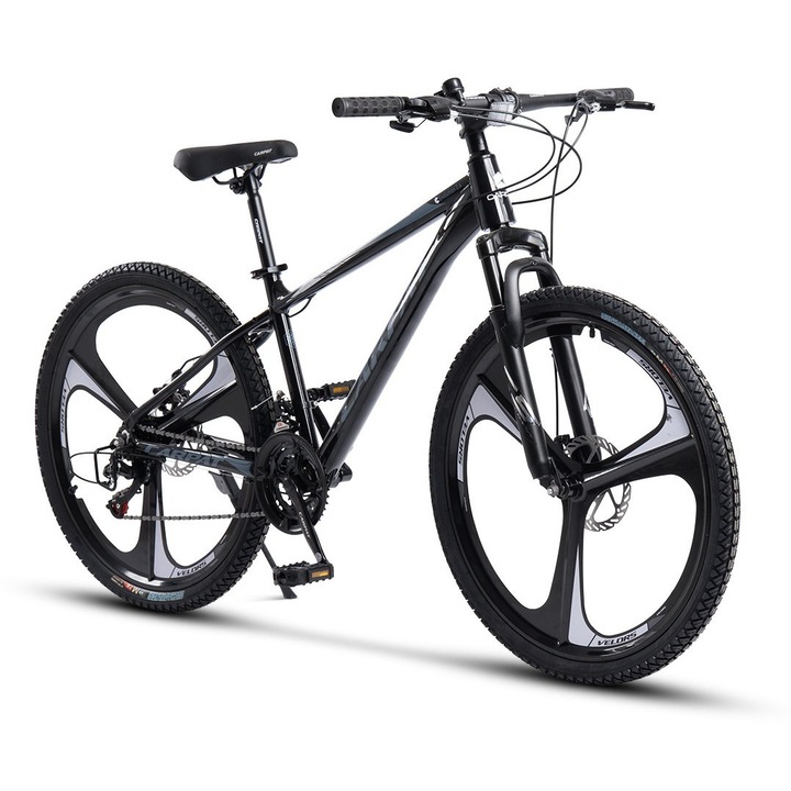 Bicicleta MTB cu Roti de 26" din Magneziu, Echipare Shimano/Carpat, 21 Viteze, Manete Secventiale, negru/gri/alb, Mountain Bike Carpat Evolution Genius cu Frane Disc, cabluri integrate si cadru aluminiu