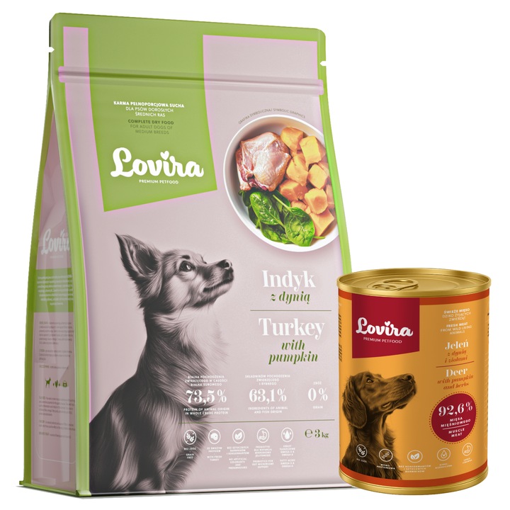 Set hrana pentru caini, LOVIRA, Curcan cu dovleac 3 kg si Caprioara umeda cu dovleac 400 g, hipoalergenica, toate rasele, adulti
