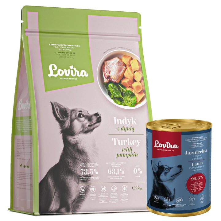 Set hrana pentru caini LOVIRA, Curcan cu dovleac 3 kg si Miel cu dovleac si ierburi 400 g, hipoalergenica, bogata in proteine, toate rasele, adulti