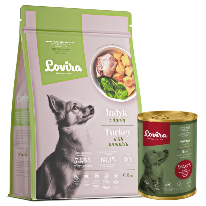 Set hrana pentru caini, Lovira, uscata cu curacan si dovleac 3 kg, si umeda cu dovleac/caprioara 400 g, hipoalergenica, adulti
